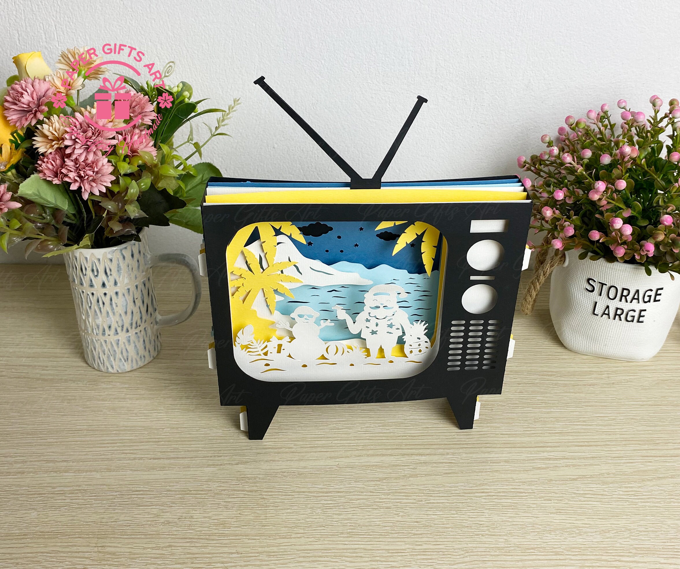 TV Pop up Card Tropical Christmas 3D SVG , Christmas TV Pop up Card, 3D Pop up Card, 3D Gift
