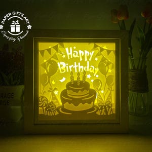 Könnte beinhalten: Ein beleuchtetes quadratisches Papierkunstwerk mit dem Schriftzug "Happy Birthday" in der Mitte. Das Design umfasst eine Torte mit Kerzen, Luftballons und einem Geschenk. Der Rahmen ist weiß und der Hintergrund ist warmgelb.