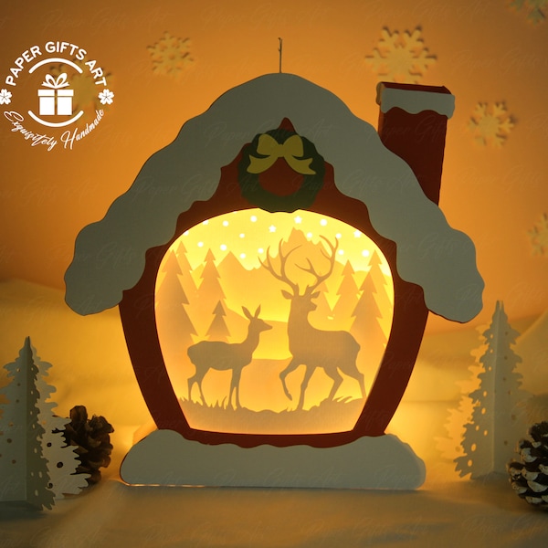 Christmas House Deer Forest Shadow Box SVG - Xmas Paper Cutting Template - Merry Christmas - SVG Files For Cricut.