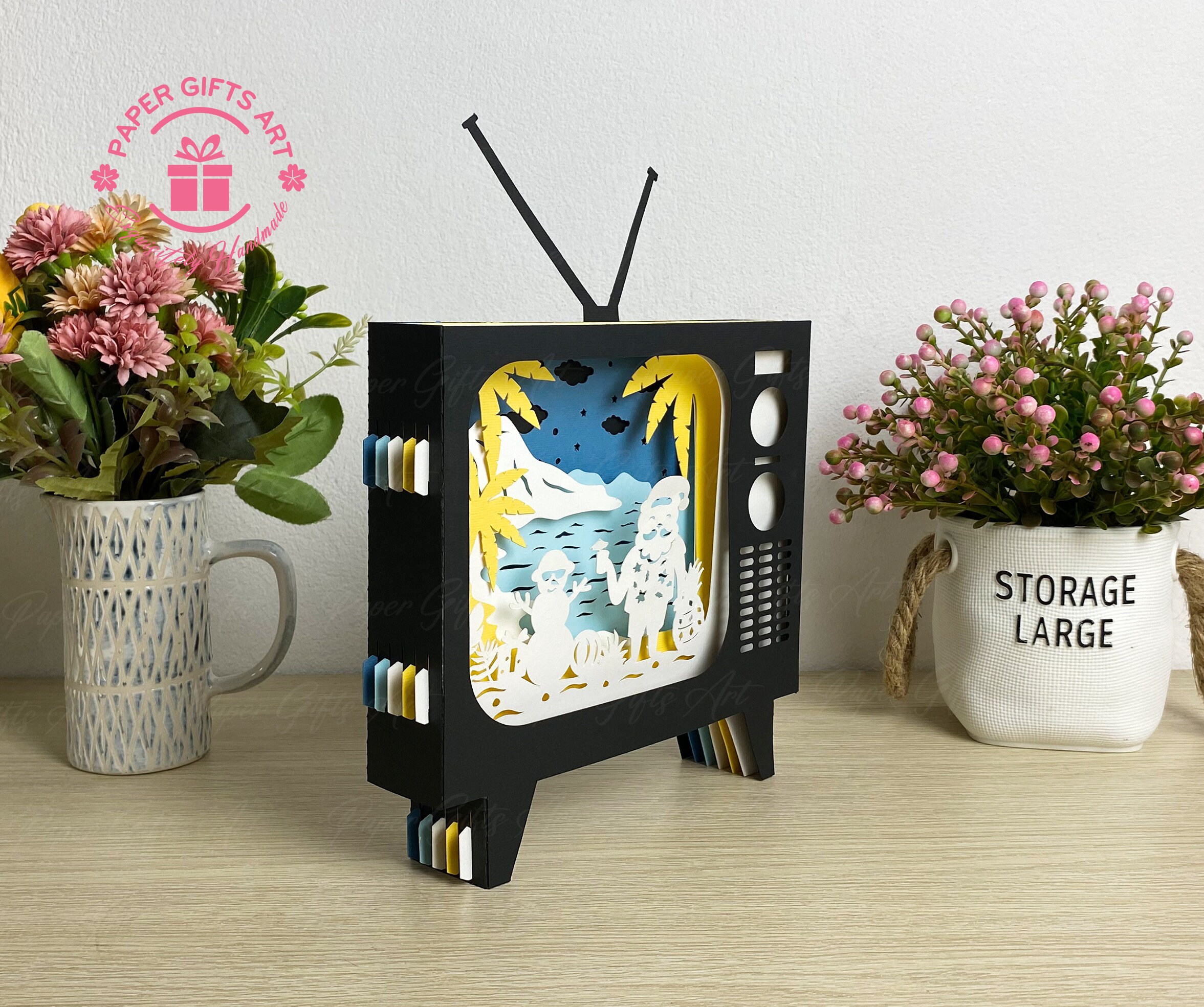 TV Pop up Card Tropical Christmas 3D SVG , Christmas TV Pop up Card, 3D Pop up Card, 3D Gift