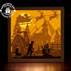 Sciare Natale Shadow Box File, modello lightbox pupazzo di neve tagliato con carta, file SVG Light Box 3D Papercut fai da te
