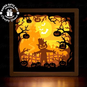 Halloween Pumpkin Scarecrow Shadow Box Files, Paper Cut Light Box Template Files, 3D Papercut Light Box SVG File DIY, Cutting Cricut