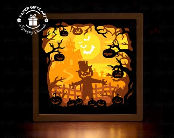 Halloween Pumpkin Scarecrow Shadow Box Files, Paper Cut Light Box Template Files, 3D Papercut Light Box SVG File DIY, Cutting Cricut