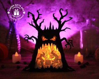 Halloween spookboom heks kookt toverdrank pop-up 3D - Halloween pop-up 3D-kaart - spookboom pop-up 3D - sjabloon voor papiersnijwerk