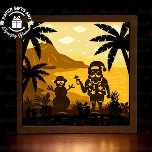 Tropical Christmas Shadow box [8x8 inches] - 3D Paper Cut Light Box, Light Box Template,Light Box SVG Digital