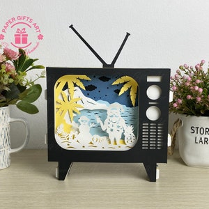 TV pop-up kaart tropische kerst 3D SVG, kerst TV pop-up kaart, 3D pop-up kaart, 3D cadeau tropische kerst pop-up kaart