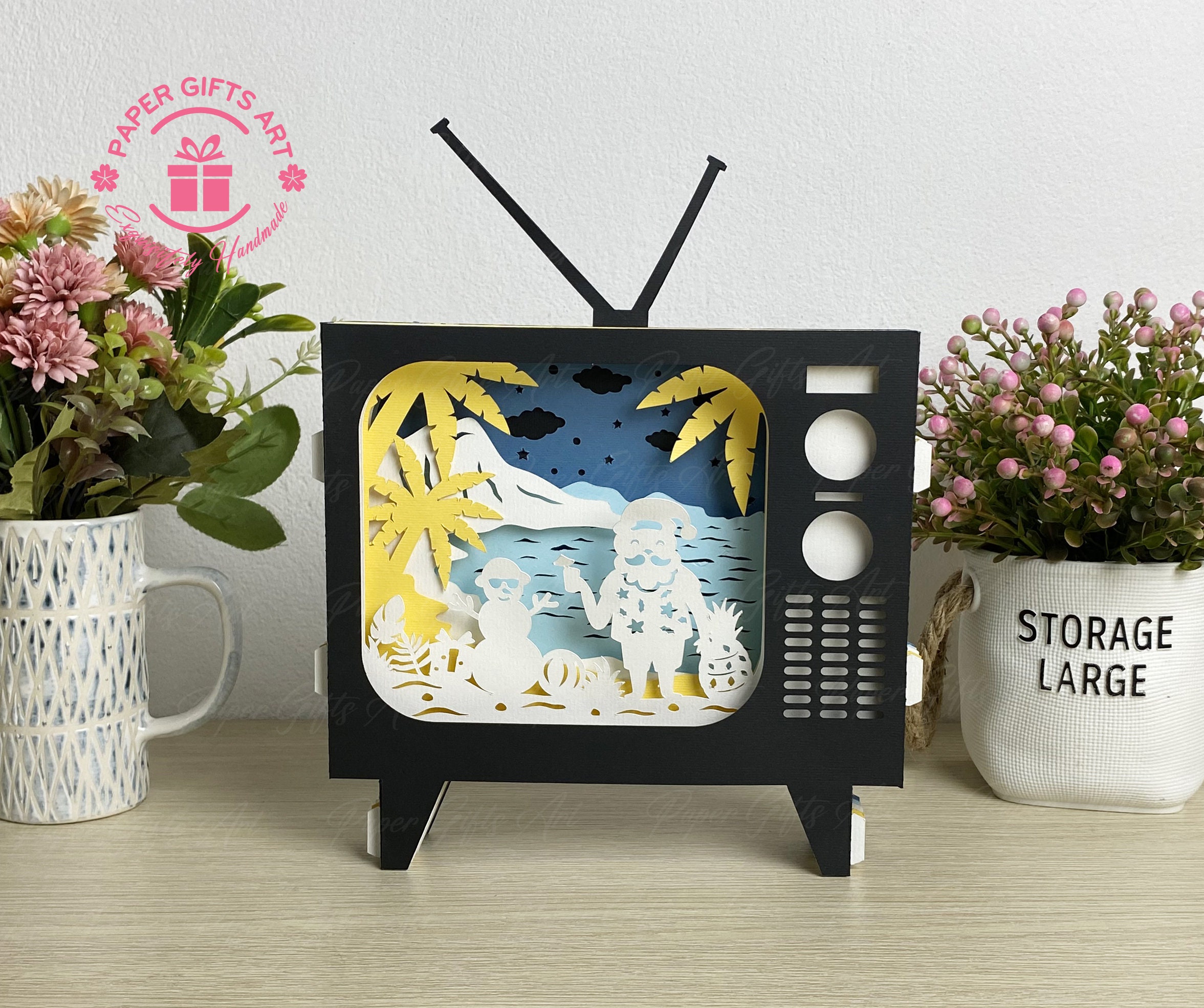 TV Pop up Card Tropical Christmas 3D SVG , Christmas TV Pop up Card, 3D Pop up Card, 3D Gift