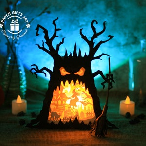 Halloween Ghost Tree Witch Riding Broom SVG - Fichier de modèle de découpe de papier d’Halloween - Carte 3D pop-up d’Halloween - Ghost Tree Popup 3D