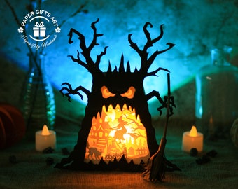 Halloween Ghost Tree heks rijden bezem SVG - Halloween papier snijden sjabloonbestand - Halloween pop-up 3D-kaart - Ghost Tree Popup 3D