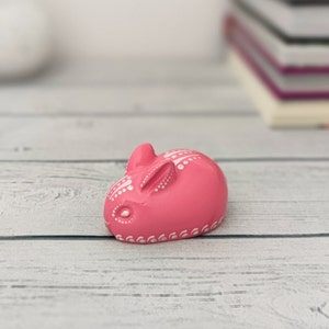 Small pink bunny figurine for office, Pink rabbit decor for table, Original animal miniature statue, Handmade tabletop rabbit figure