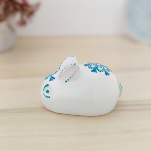 White and blue rabbit figurine, Small bunny for shelf decor, Rabbit miniature statue, Cute animal decor for shelf, Unique bunny figure