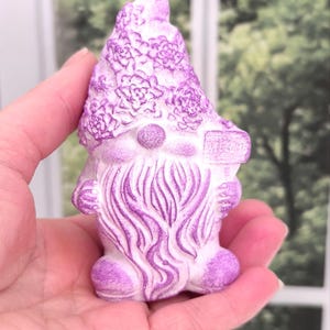 Handcrafted gnome figurine with welcome sign, Small gnome statue for entryway decor, Spring bookshelf decor, Magical creature sculpture.