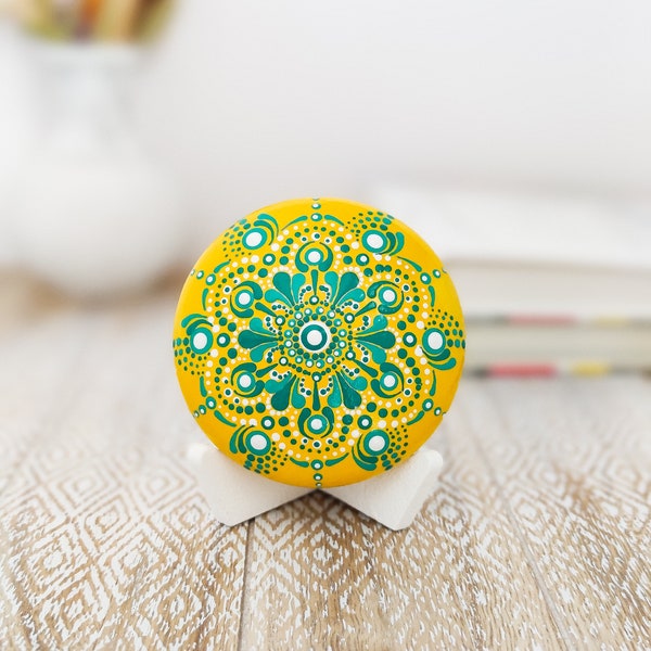 Green and yellow dot mandala stone, Mandala decor with dotillism art, Handpainted mandala ornament, Dot art stone gift, Colorful home accent