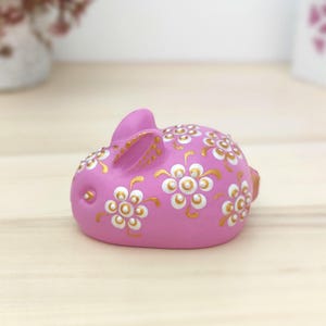 Pink rabbit figurine, Cute bunny sculpture, Rabbit figurine with flower design, Handmade bunnies, Bunny statuette, Handmade animals.