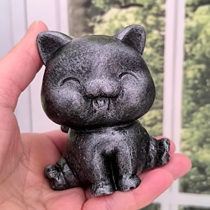 Handcrafted silver cat statue, Smiling cat sculpture, Perfect gift for coworker, Unique cat decor for shelves, Handmade happy animal statue.