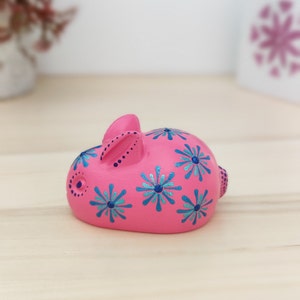 Handmade small pink rabbit figure, Rabbit figurine with floral design, Floral animal statue, Paperweight rabbit, Desktop floral bunny