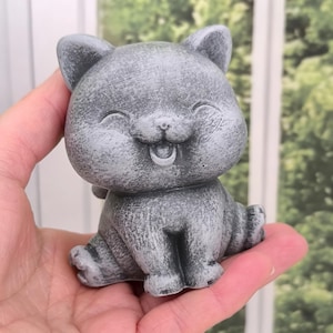 Handmade happy cat statue, Gray cat sculpture, Perfect gift for coworker, Unique cat decor for shelves, Handcrafted happy animal statue.
