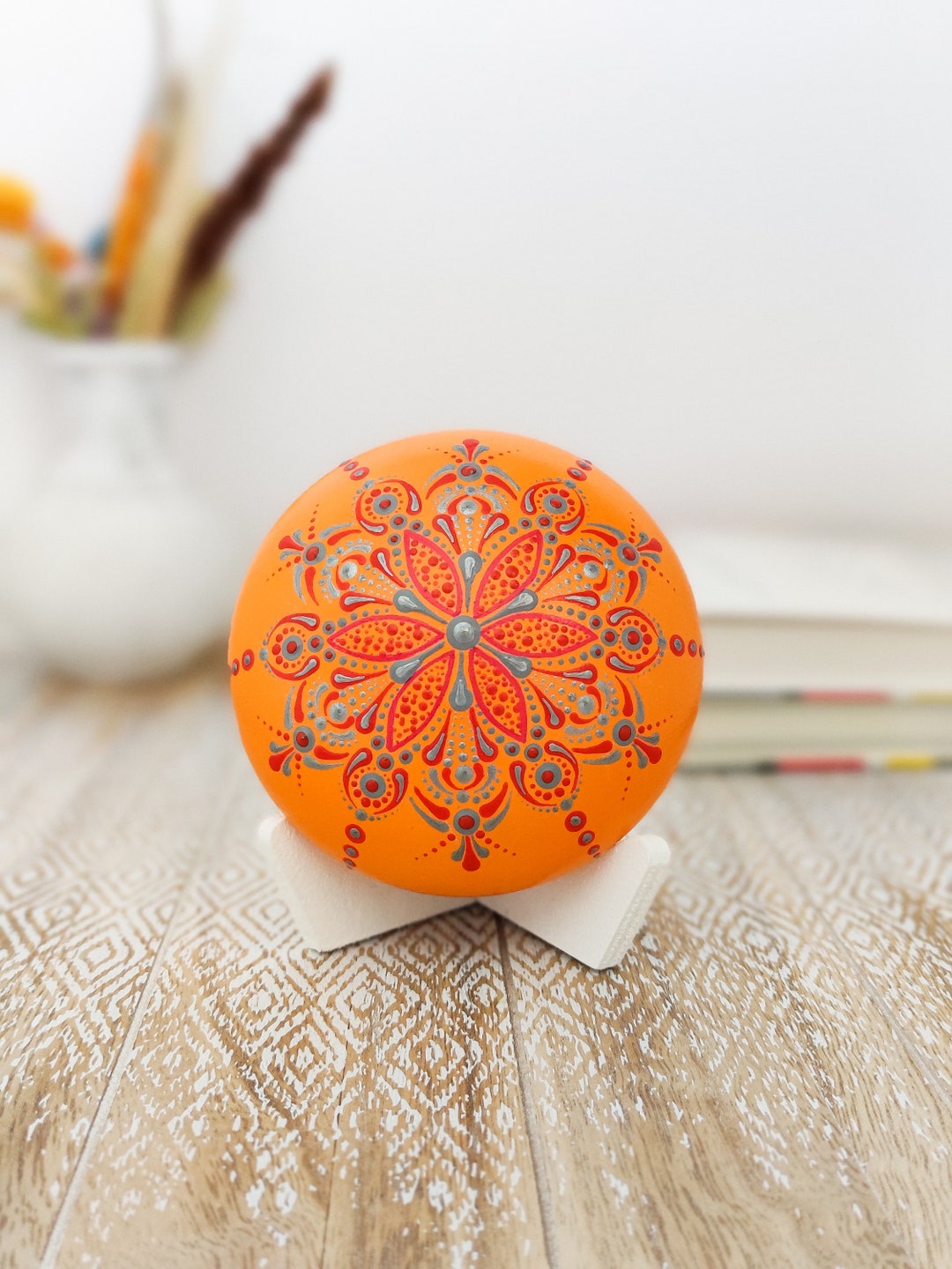 Dot Art Mandala Stone, Mandala Stone in Tangerine Color, Painted Rock ...