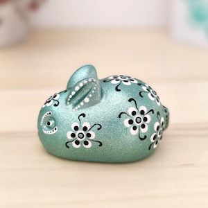 Handmade green bunny figurine, Cute rabbit figure with floral design, Little bunny sculpture, Animal statuette for gift, Rabbit figurine.