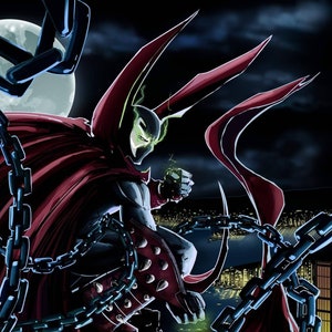 May include: Comic book illustration of Spawn, a superhero, set against a night cityscape. Spawn is depicted in a red cape and spiked armour, with chains and a glowing green face. The artwork has a dark, dramatic tone.