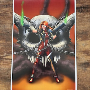 May include: A woman in a red and black costume stands in front of a skull with chains. She is holding two guns and has a determined expression on her face. The background is a dark red with smoke and flames.