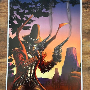May include: A red and black costumed figure with a cowboy hat and guns, standing in a desert landscape with a sunset in the background.
