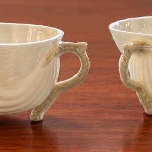 Vintage Belleek Neptune Yellow Teacups - Pair of Irish Parian China Shell Cups, 7th Gold Mark (1980-1992)