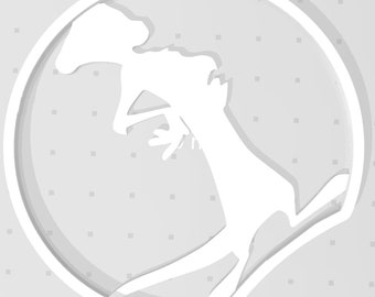 May include: A white silhouette of a kangaroo jumping inside a circle.
