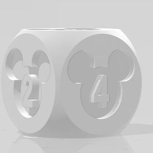 May include: White dice with Mickey Mouse ears on each side. The dice has the numbers 2 and 4 on the visible sides.