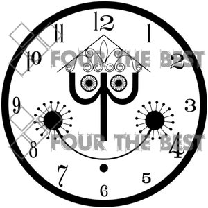 May include: Black and white clock face with Roman numerals and a stylized design in the center. The design features a three-pronged symbol with a decorative top and two stylized flowers on either side.