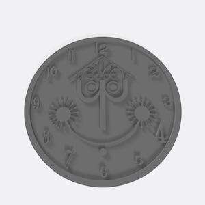 Puede incluir: Una esfera de reloj gris con un diseño caprichoso. La esfera del reloj presenta una cara estilizada con dos ojos en forma de sol y una sonrisa. Los números del 1 al 12 se muestran alrededor de la esfera del reloj.