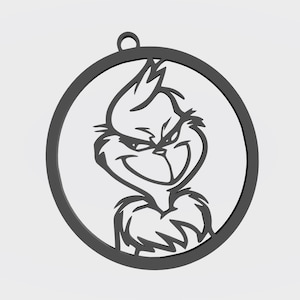 May include: A black and white Grinch ornament with a round shape and a hole at the top for hanging. The Grinch is smiling with a mischievous expression.