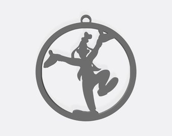 May include: A gray silhouette of a cartoon character in a circle. The character is standing with one leg raised and both arms outstretched.