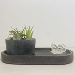 May include: A dark gray concrete tray with a small planter and a cluster of clear quartz crystals. The planter holds a small air plant.