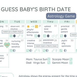 Juego de astrología para baby shower, calendario de fechas de nacimiento y parto