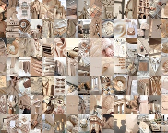 May include: A collage of images in shades of beige and brown. The images feature fashion accessories, clothing, food, and cityscapes. The collage is a visual representation of a minimalist aesthetic.