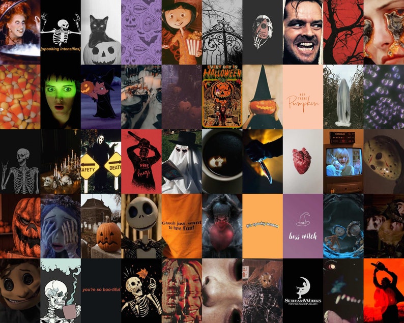 May include: A Halloween-themed collage featuring various images, including a skeleton, a pumpkin, a witch, a ghost, a jack-o'-lantern, a scary movie scene, and a spooky forest. The collage is a mix of vintage and modern imagery, and it is perfect for anyone who loves Halloween.