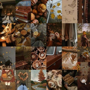 May include: A collage of images featuring autumnal themes, including pumpkins, leaves, a fireplace, a car, a forest, and a cup of coffee.