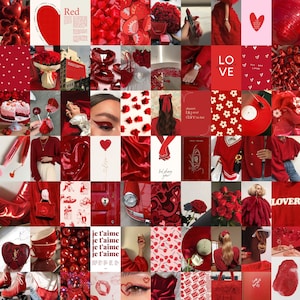 Op de afbeelding: Een collage van rode afbeeldingen met een Valentijnsdagthema. De collage bevat harten, bloemen, lippen en andere romantische afbeeldingen. De tekst "Love" en "je t'aime" zijn ook in de collage opgenomen.