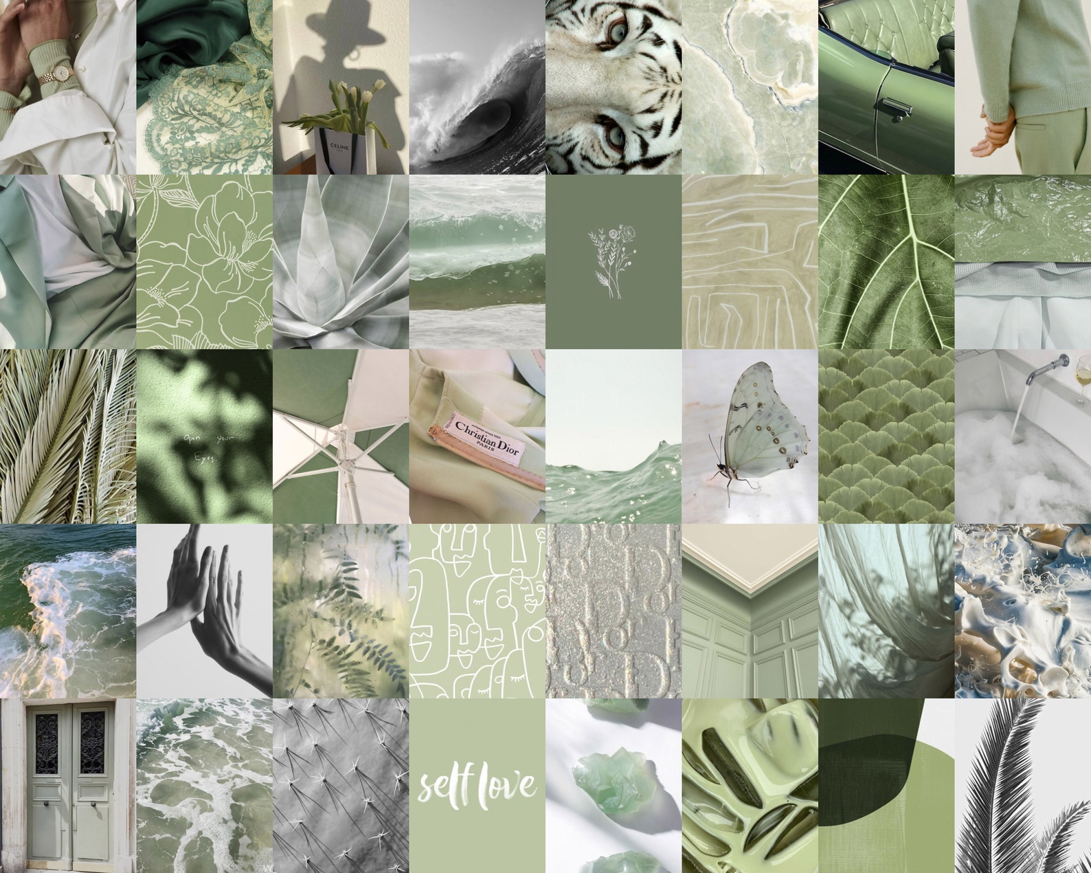 Sage Green Wall Collage Kit Boho Black and White Aesthetic Etsy