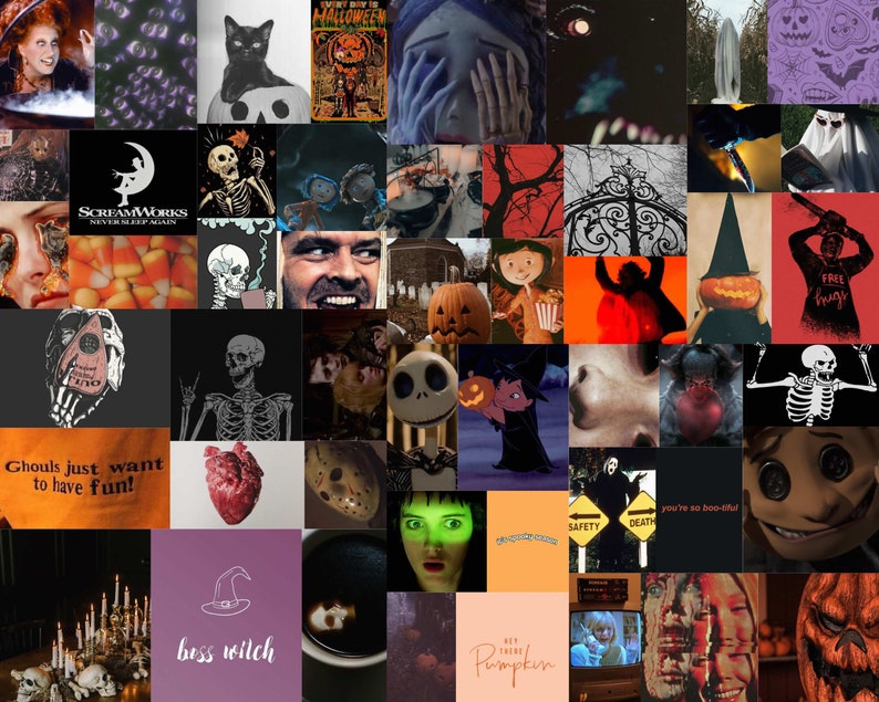 May include: A Halloween-themed collage featuring images of pumpkins, skeletons, ghosts, and other spooky characters. The collage includes text such as "Screamworks Never Sleep Again", "Ghouls just want to have fun!" and "Boss Witch".