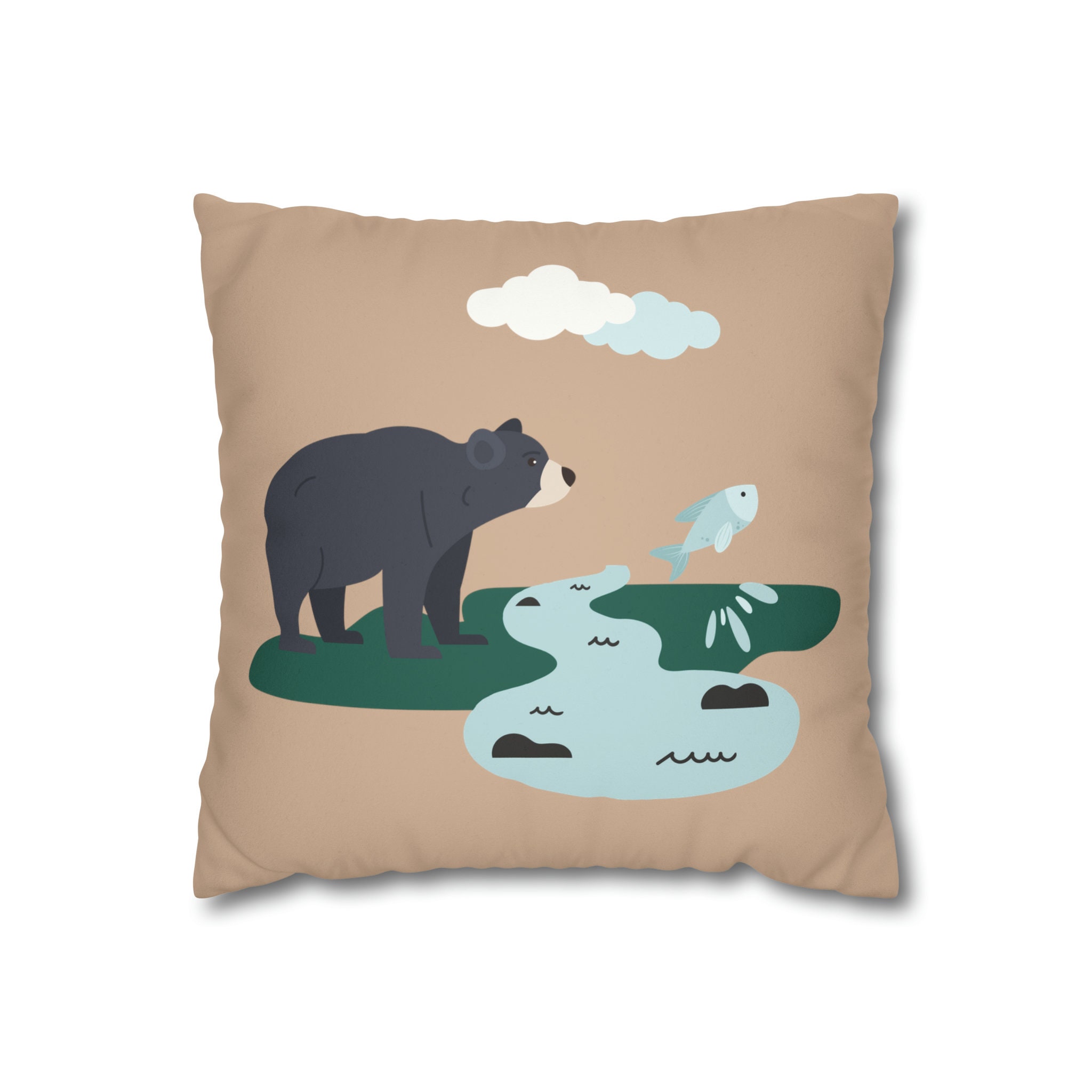 Hungry Bear | Faux Suede Square Pillow Case | Fish & Paw Print Back | Fantastic Forest Collection for Kids | Children's Bedroom | 4 sizes
