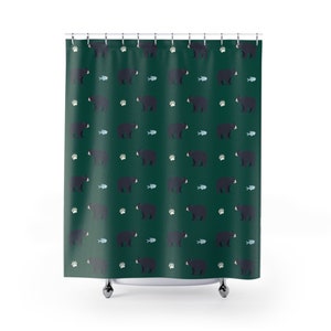 Hungry Bear Duschvorhang Fisch & Pfotenabdruck Fantastische Wald Kollektion für Kinder Kinder Bad Dekor Hunter Green Mountain Duschvorhang