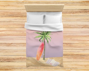 Blush Beach Duvet Cover Vintage Beach Soft Comforter Rose Ombré Palm Sand Surf Island Tropical Vacation Bedroom Purple Dreamy Pink Sunset