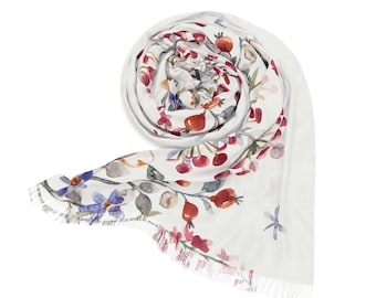 Winter Berry Bloom Scarf Floral Watercolor Scarf Light Shawl Floral Scarf Blossom Shawl Botanical Scarf Light Scarf Winter Designer Scarf