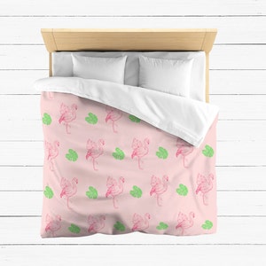 Flamingo Fun Duvet Cover Beachy Duvet Cover Pink Flamingo Bedding Island Oasis Flamingos & Leaves Tropical Duvet Cover Beach Bedroom 4 sizes
