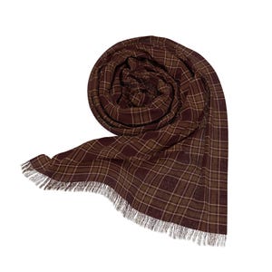 May include: A rolled-up scarf in a plaid pattern, featuring shades of brown and tan. The scarf has a fringed edge and is displayed against a white background. The fabric appears soft and suitable for cooler weather.