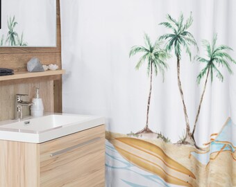 Peaceful Palms Shower Curtain Be At Peace Palm Trees Lounge Chair Surfboard Waves Tropical Island Bathroom Vintage Beach Shower Curtain