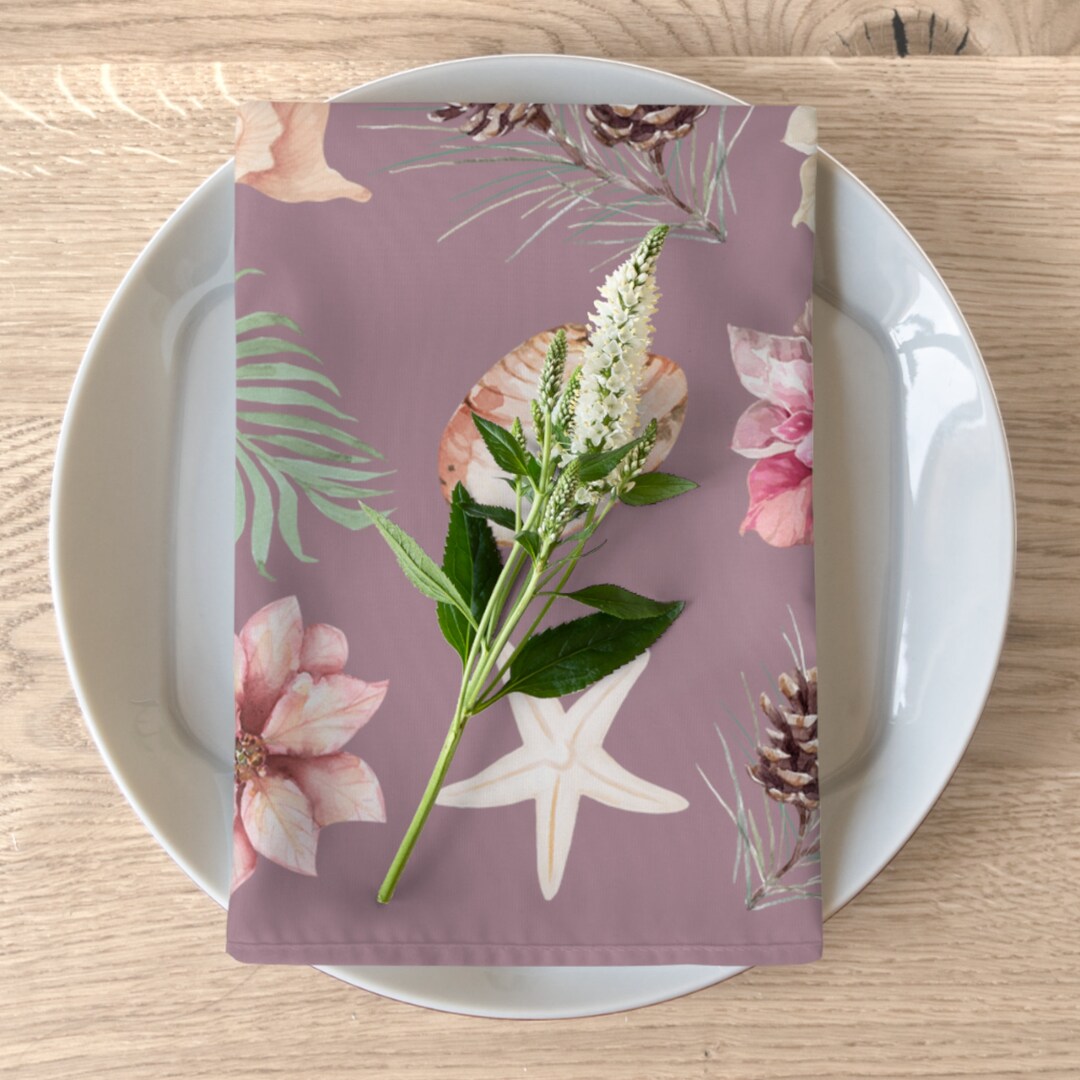 Seashells & Pinecones Winter Coastal Table Napkin Set Shells Palm ...