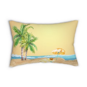 Sunburst Beach Pillow Vintage Beach Lumbar Pillow Island Vacation Home Decor Palm Tree Umbrella Picnic Ocean View Golden Orange